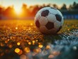 Highlight a single soccer ball on a field during halftime - Athletic and dynamic - Bright stadium lights with deep shadows - Action shot with selective focus