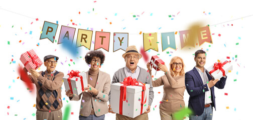 Poster - Happy people at a party holding gift boxes