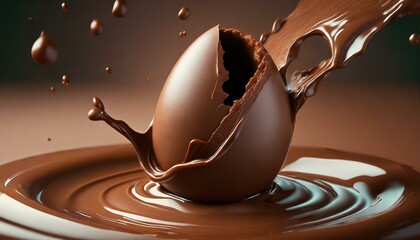 Canvas Print - Chocolate Easter Egg falling on top of melted chocolate and throwing it into the air.
