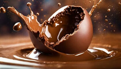 Canvas Print - Chocolate Easter Egg falling on top of melted chocolate and throwing it into the air.
