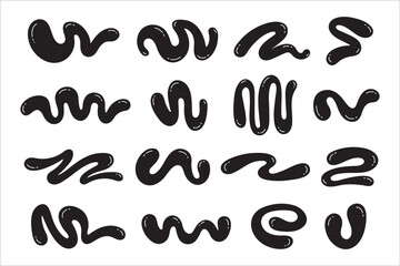 Aufkleber - Liquid, organic y2k style squiggles, blob shapes groovy doodle lines, bold scribbles, wavy stripes. Fluid paint stains, trendy graphic design elements set, text background collection. Editable glares.