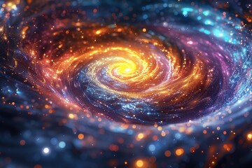 Wall Mural - A spiral galaxy with rainbow colors and sparkling stars, centered in the frame, macro photography with a bokeh effect and depth of field in the psychede, generated with AI