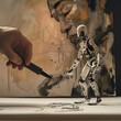 Handover of artistic tool from human to AI, representing legacy and emergence of AI in art creation.