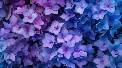 Sticker - Flowers background banner texture - Closeup of purple blue beautiful blooming hydrangea field