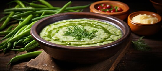 Canvas Print - A bowl of green beans soup is displayed on a wooden table beside fresh green beans. This dish features the leaf vegetable as a main ingredient in the cuisine, served in serveware