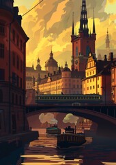 Wall Mural - Retro vintage poster of Stockholm City, flatart, generated with AI