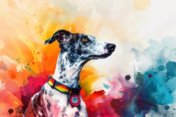 A sleek greyhound wearing a National Pet Month UK badge sits poised against a vibrant watercolor illustration background