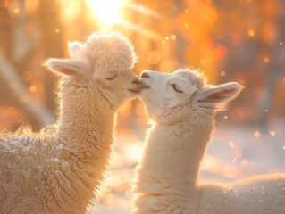 Wall Mural - Two cute white alpaca kissing each other, romantic sunset background, beautiful light rays, generated with AI