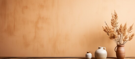 Poster - A houseplant in a peachtinted vase rests on a hardwood table, adding a touch of art to the rooms landscape. The dried flowers bring shades of nature indoors