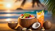 A serene beach scene at sunset, with a chilled tropical fruit salad and refreshing drinks served with coconut cocktail on the beach