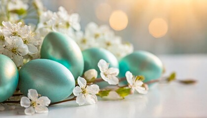 Wall Mural - easter background turquoise easter eggs and white spring flowers on a white background close up soft focus