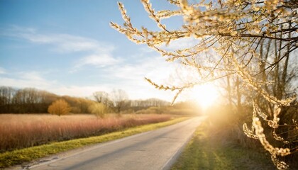 Wall Mural - defocused spring landscape beautiful nature with flowering willow branches and rural road against blue sky and bright sunlight soft focus ultra wide format