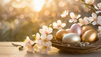 Canvas Print - happy easter holiday background easter eggs and beautiful spring flowers