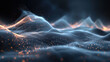 Abstract image of dynamic waves with blue and orange glow and small luminous particles