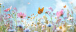 A vibrant butterfly lands on a delicate pink flower among a field of colorful blooms under a blue sky with soft clouds
