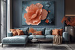 Sleek Living Room Interior with Teal Sofa and Oversized Floral Artwork