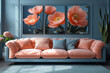 Refreshing Blue Living Space Accentuated with Blossoming Poppy Wall Panels