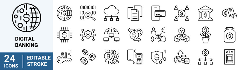 Wall Mural - Digital banking web icons in line style. Fintech, insurtech, cryptocurrency, blockchain, neobank, cloud tech. Vector illustration.