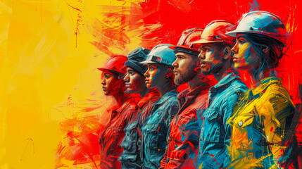 Stylized digital artwork of industrial workers, men and women in safety gear against a red backdrop, honoring the spirit of Labor Day and the importance of industrial labor