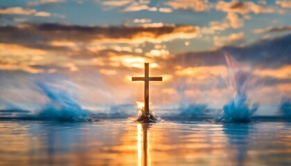 Wall Mural - a symbol of power and spirituality a cross emerges from water accompanied by ethereal blue flames that illuminate its profound significance