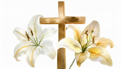 Wall Mural - christian cross made and white lily flower watercolor clipart illustration with isolated background