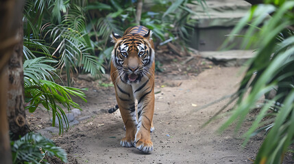 Wall Mural - This image depicts a tiger in an enclosure. The tiger is walking towards the camera, its tongue playfully sticking out