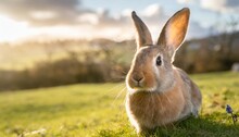 Portrait Of A Cute Easter Bunny On A Green Background With Selective Focus And Copy Space