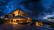 A wide-angle capture of a contemporary dwelling as night falls, with the house's architectural lines illuminated against the dark sky, creating a striking visual contrast and highlighting
