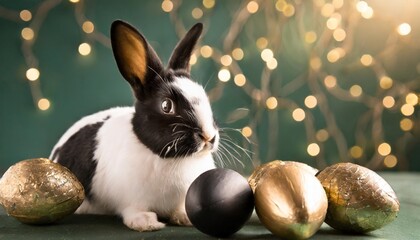Wall Mural - black and white rabbit with gold and black easter eggs on emerald background