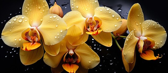 Wall Mural - a beautiful display of yellow orchids with water drops on their petals, captured in stunning macro p