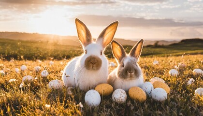 Poster - bunny family with easter eggs on spring meadow