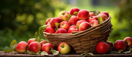 Canvas Print - A wooden table holds a basket filled with apples, a staple food that is a type of fruit and considered a superfood due to its nutritional value as a whole food packed with natural ingredients