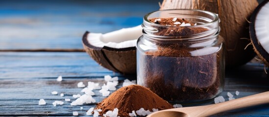 Wall Mural - A jar of cocoa powder sits beside a wooden spoon and coconuts on a rustic wooden table, evoking a tropical landscape with hints of travel and adventure