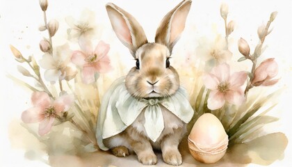 Wall Mural - bunny wearing a vintage style easter dress watercolor illustration easter bunny symbol easter rabbit easter day white background