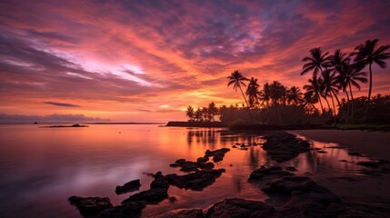 Wall Mural - The sunset at Pasut beach on the beach creates a colorful sky behind the palm trees.