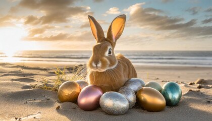 Poster - easter bunny with easter eggs on the beach