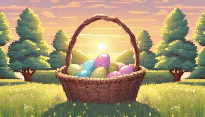 Poster - pixel art basket with easter eggs in landscape with trees background in retro style for 8 bit game