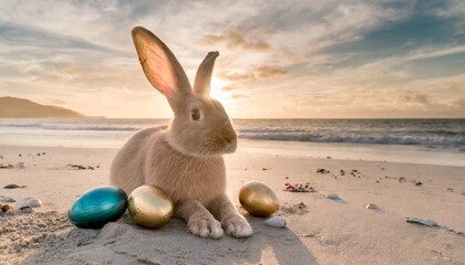 Wall Mural - easter bunny with easter eggs on the real beautiful beach