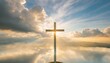 christian cross appears bright in the sky background and soft clouds with the light shining as love hope and freedom of god jesus