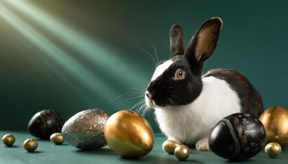 Poster - black and white rabbit with gold and black easter eggs on emerald background