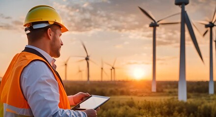 Wall Mural - Engineer next to wind turbines.