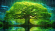 A tree with a lot of leaves is surrounded by a circle of stones. The tree is green and he is in a rainstorm