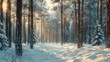 Pines trees in the snowdrifts of magical winter forest landscape. AI generated image