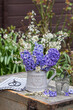 Blumenstrauß mit lila Hyazinthen und Schlehenblüten im vintage Krug