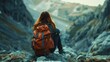 Back view portrait young woman wearing a backpack and sit on stone in mountain. AI generated