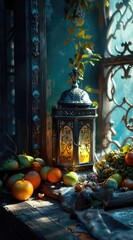 Wall Mural -  In this evocative image, a radiant Ramadan lantern illuminates the surroundings, symbolizing the holy month's spiritual warmth, cultural richness, and festive joy