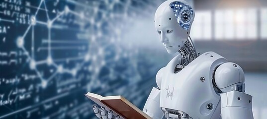 Poster - Human like ai robot with book surrounded by holographic math equations on blurred background