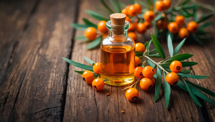 Bottle with cosmetic oil, fresh sea buckthorn on an old background