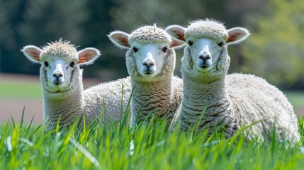 Wall Mural - Alpacas peacefully grazing on lush, vibrant mountain meadow under clear blue skies