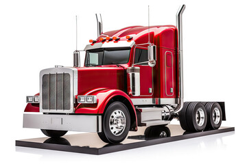 Red and White Semi Truck on Display with a Shiny Chrome Finish and Robust Design